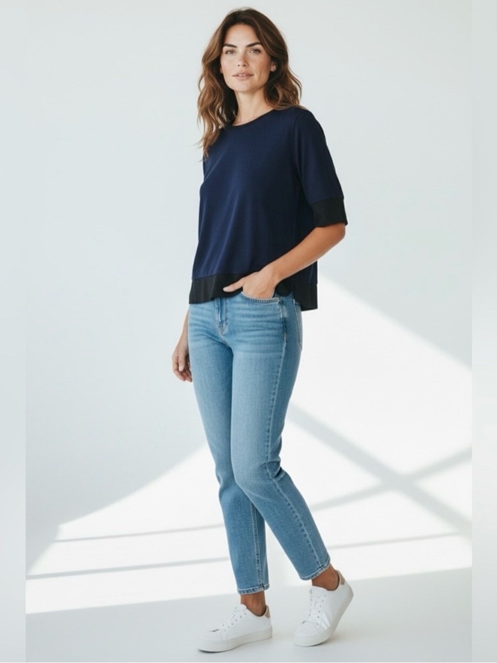 Loft Dolman Sleeve Trim Tee // Navy & Black // XS